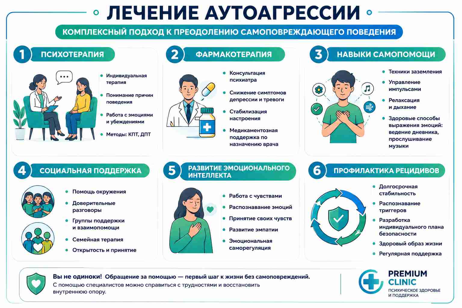 Инфографика по лечению аутоагрессии: психотерапия, медикаментозная поддержка, навыки самопомощи и профилактика рецидивов